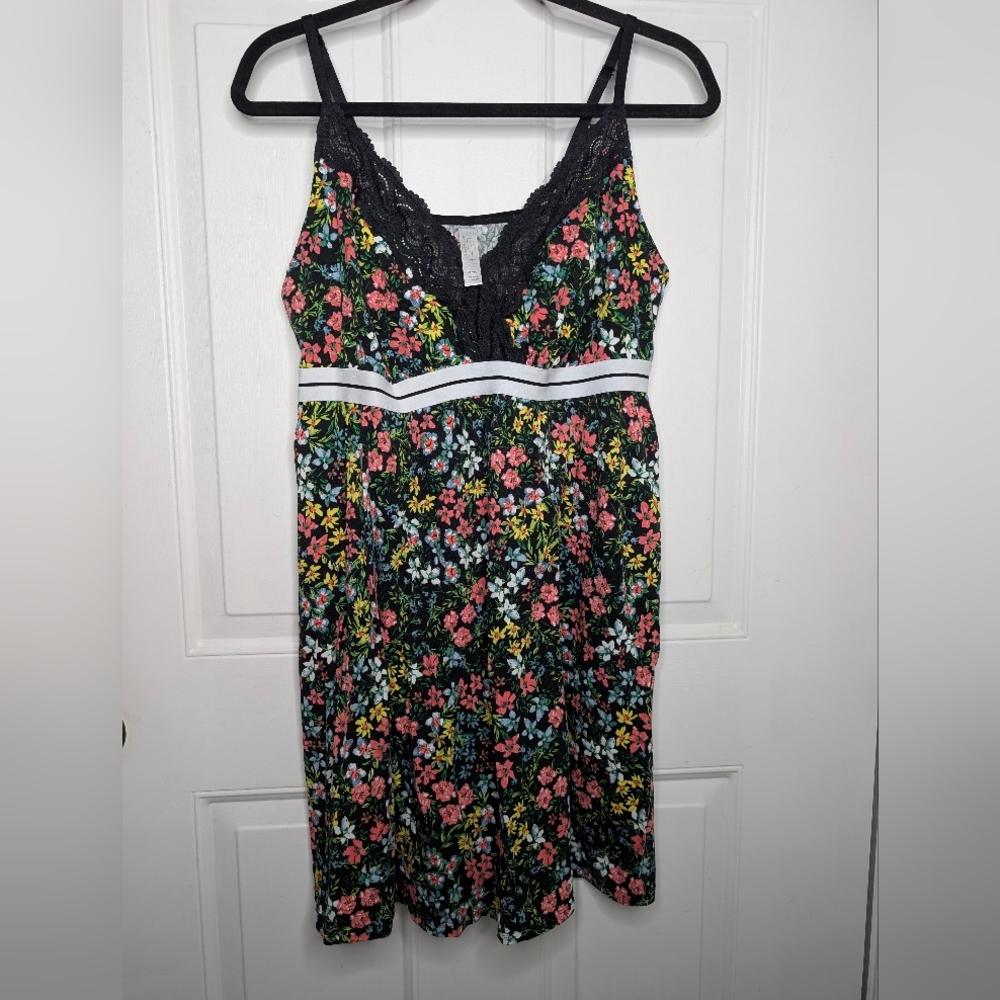 Cacique Black and Pink Chemise with Floral Print and Empire Waist